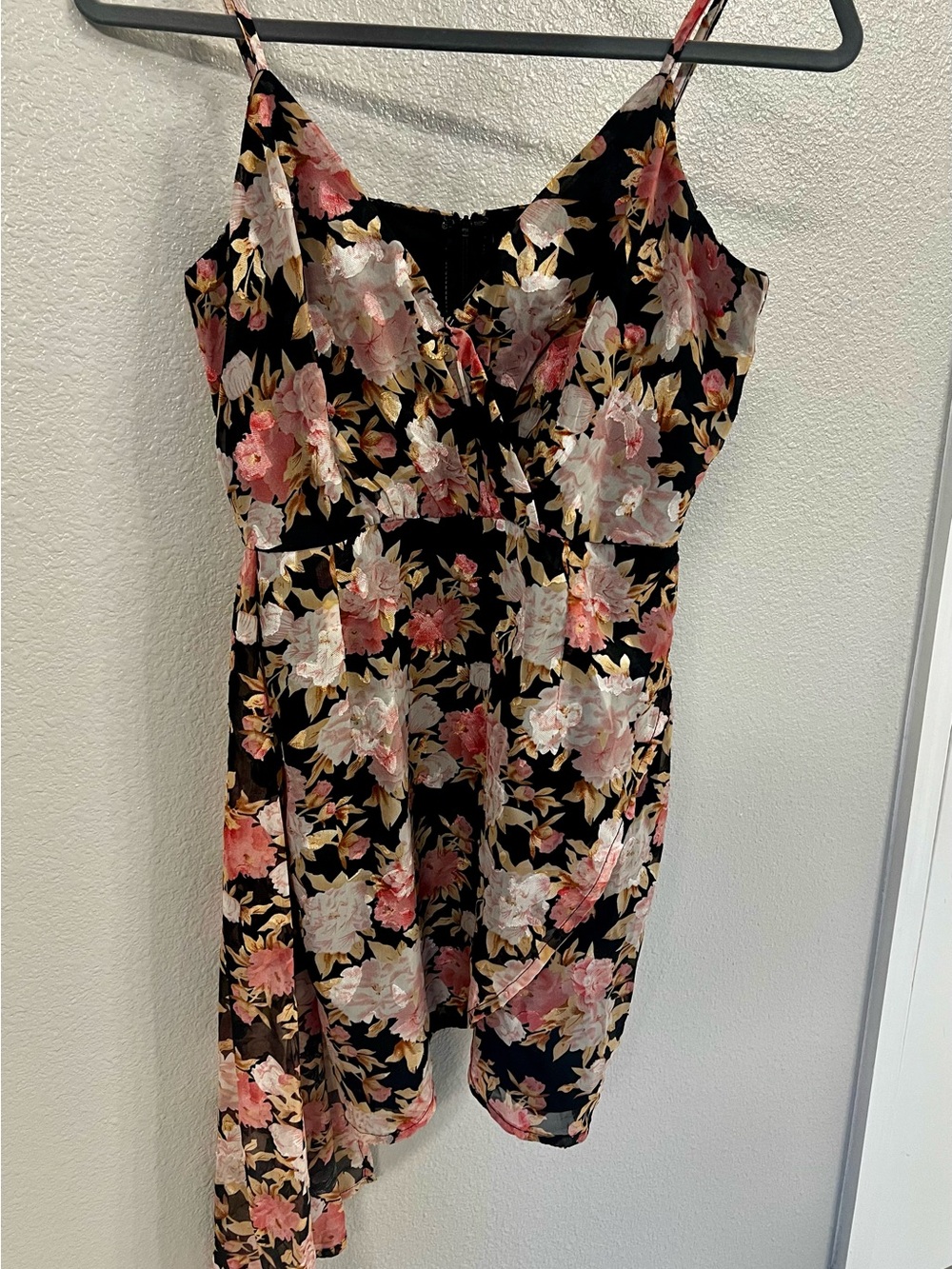 Lulu's Black Floral Asymmetrical Spaghetti Strap Dress
